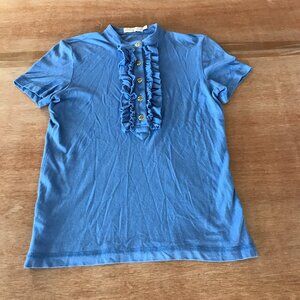 Tory Burch Lidia Ruffle Polo Shirt Women S Blue 1/4 Button Up Short Sleeve 18060
